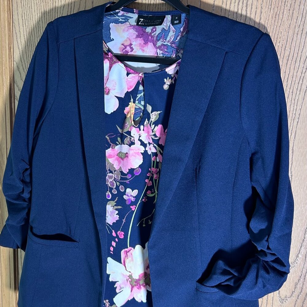 Skies Are Blue Raja Collarless Blazer Navy Blue 3/4 Ruched Sleeves Size Med EUC